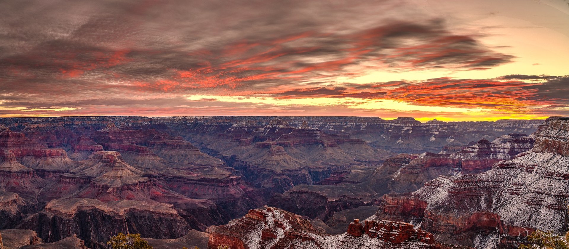 The Canyon in Winter -  Sunrise panorama from the south rim of the Grand Canyon in winter. Grand Canyon National Park, Arizona. Copyright 2019 Eric D. Brown.